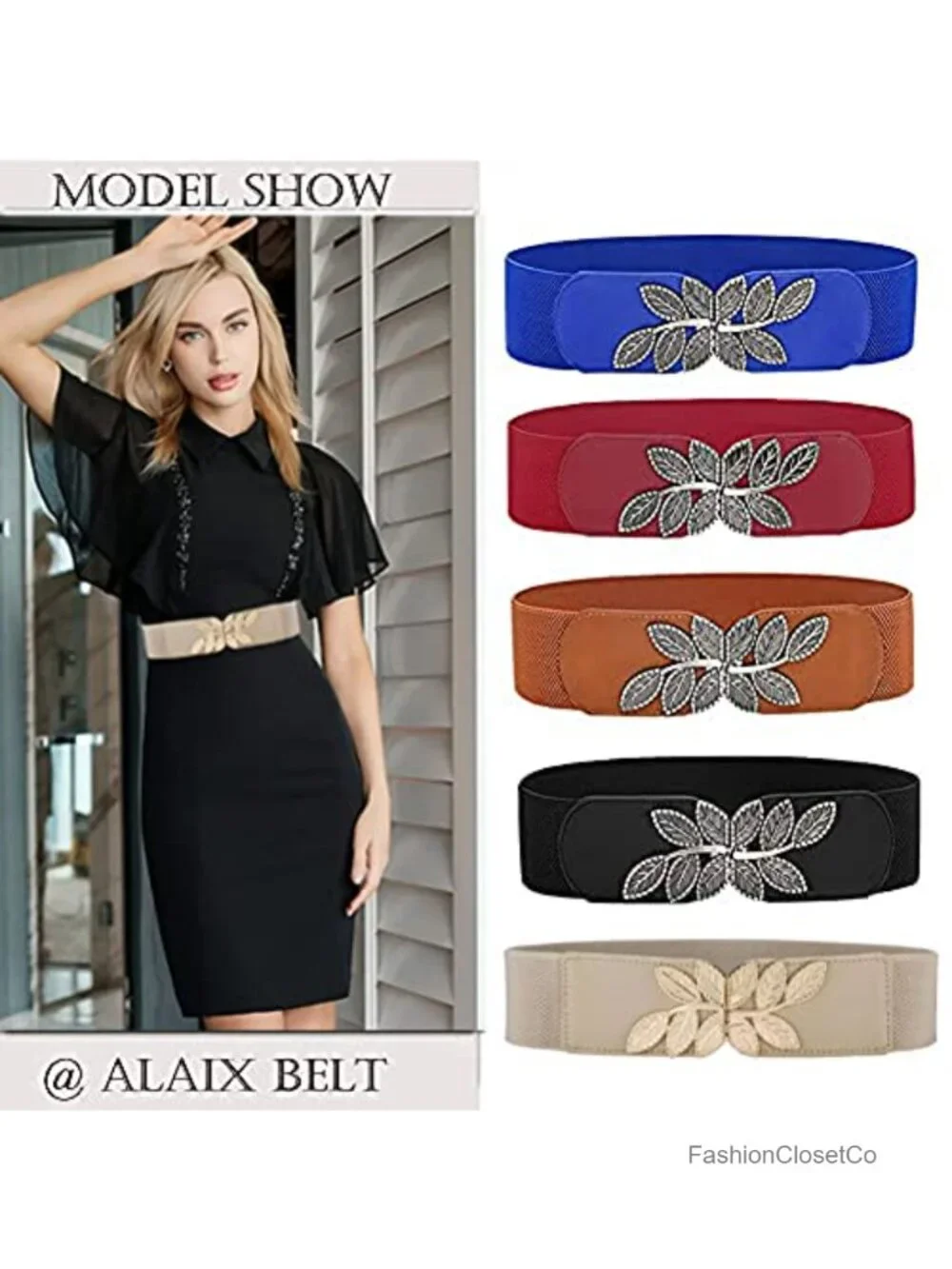 Women's Stretchy Belt Wide Vintage Leaf Buckle Elastic Waistband Dress Belt
